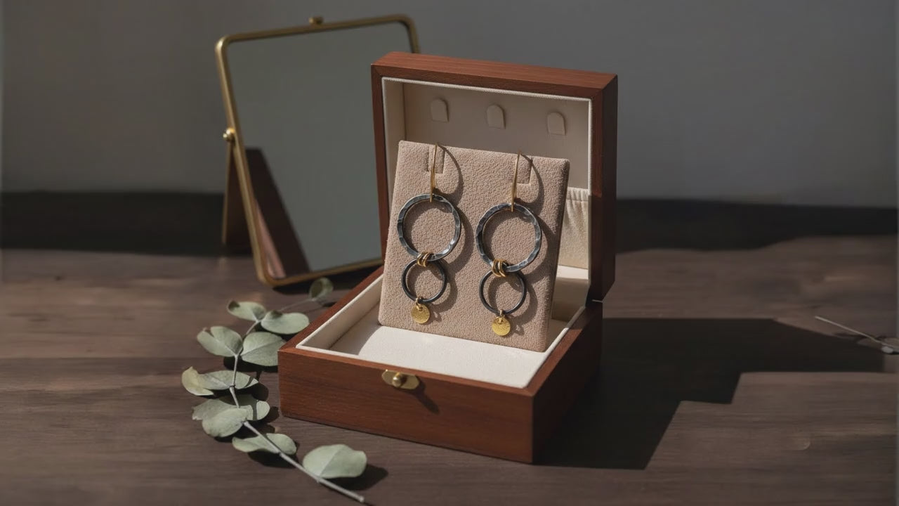 „OXA” gold earring , oxidative silver circle size, gold plated silver